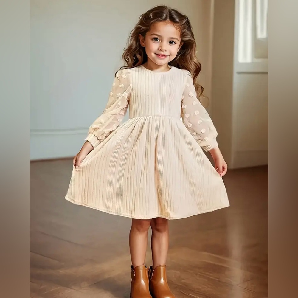Cream Pleated Girls Dress – High Quality Holiday & Photo Outfit (5–6Y)
